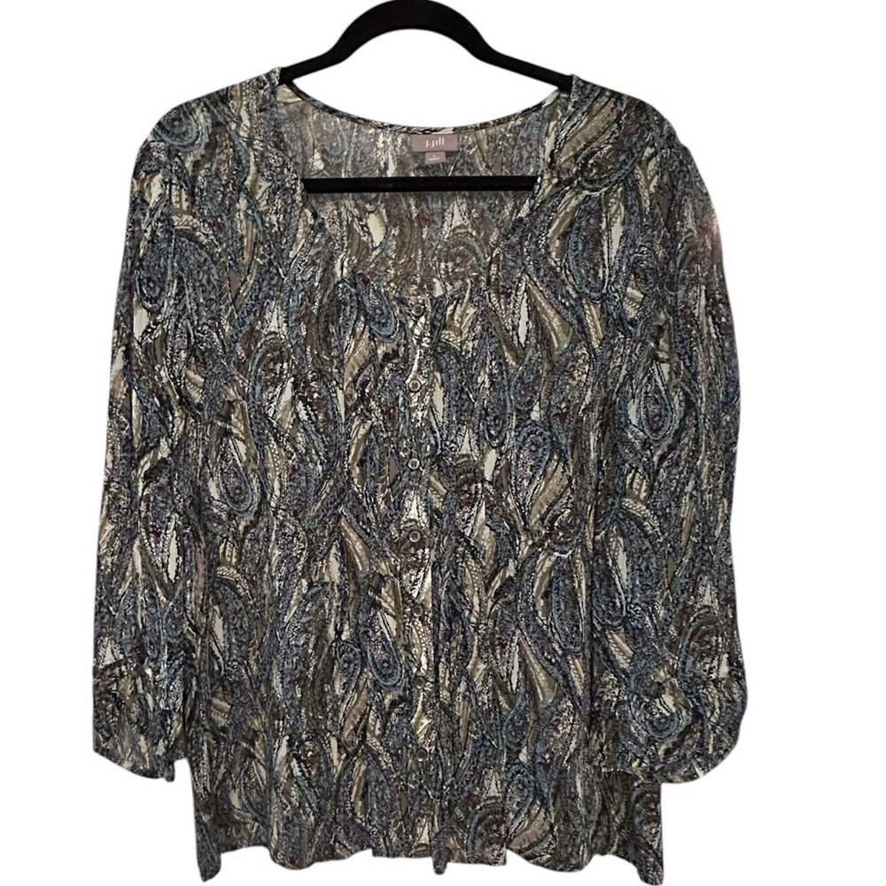 J.Jill Multi Pleated Crinkle Button Front Paisley Blouse Size Large